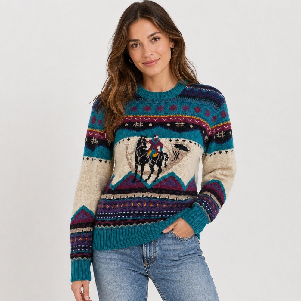 Vintage 90s‎ Woolrich Wool Sweater M Equestrian Horse Teal Purple Western Retro